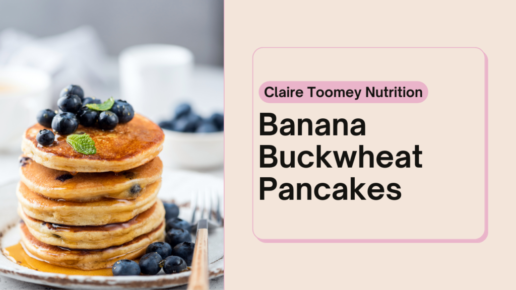 Image of pancake stack topped with blueberries. Text reads "Banana Buckwheat Pancakes"