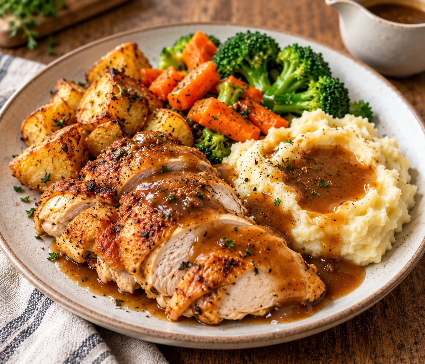 rustic roast chicken dinner with gravy