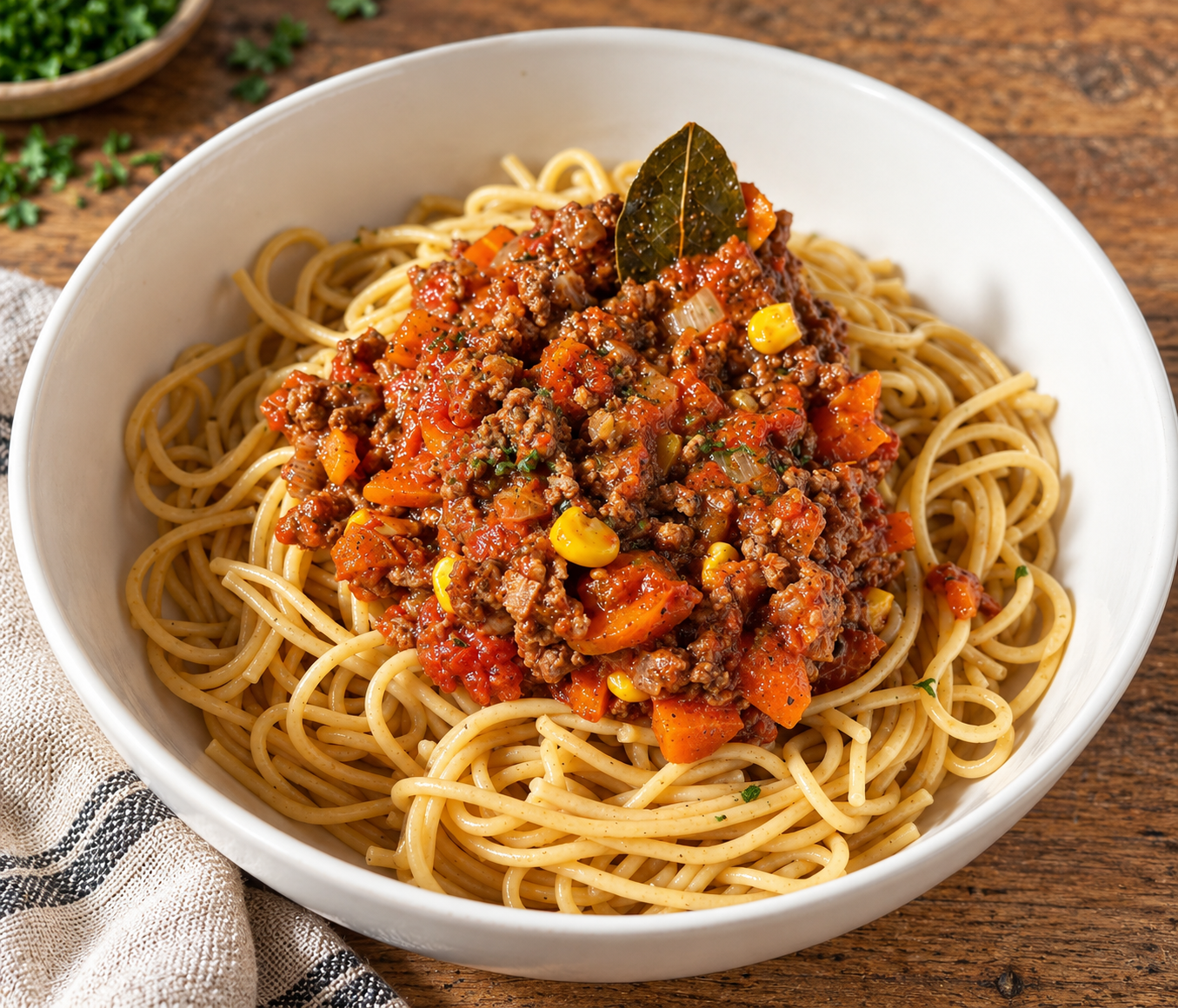 Spaghetti bolognese with bay leaf